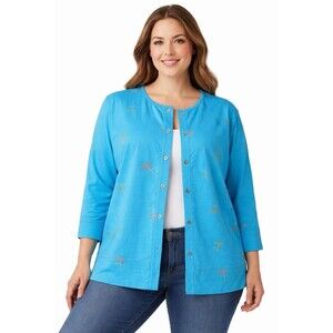 Cotton Couture 1X Blue Cardigan Palm Tree Print  100% Cotton Coastal Lightweight